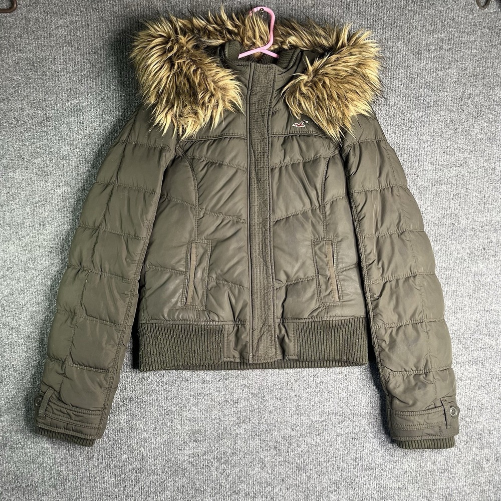 Y2K Hollister Puffer Jacket L Faux Fur Removable Hoodie Down Full Zip Vintage